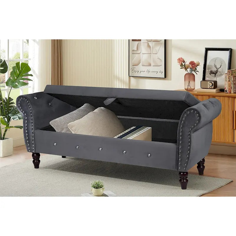 Banca otomana de almacenamiento de terciopelo con reposabrazos, 2 asientos - Azul / Negro / Rosa / Gris oscuro / Beige
