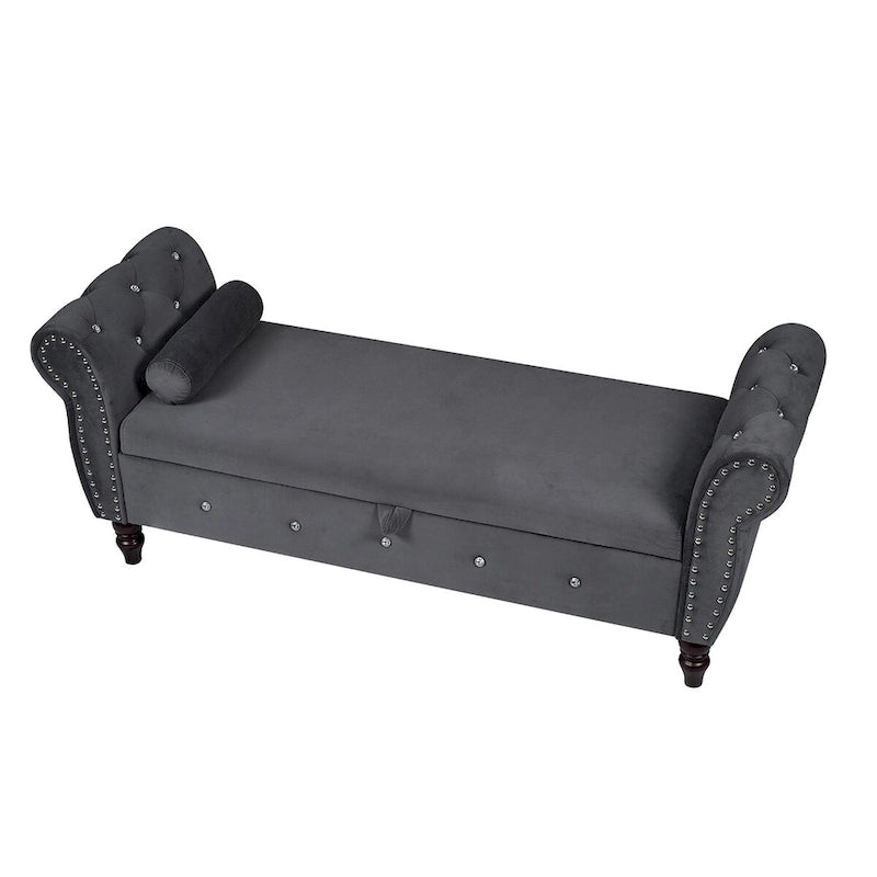Banca otomana de almacenamiento de terciopelo con reposabrazos, 2 asientos - Azul / Negro / Rosa / Gris oscuro / Beige