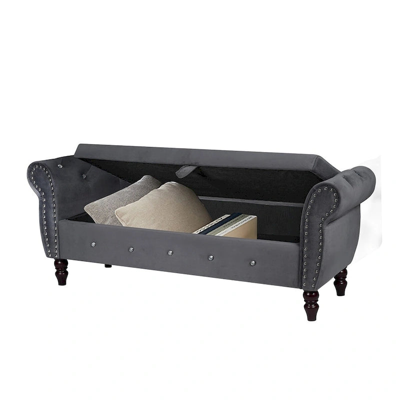 Banca otomana de almacenamiento de terciopelo con reposabrazos, 2 asientos - Azul / Negro / Rosa / Gris oscuro / Beige