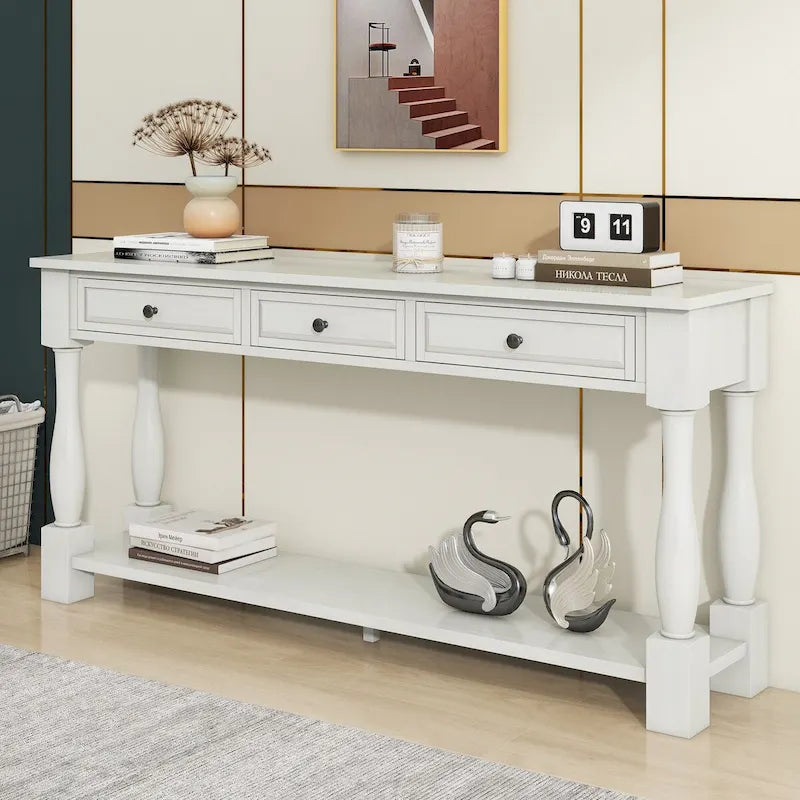 Mesa consola envejecida expreso/azul marino/blanco antiguo con 3 cajones y estante, montaje por 1 persona