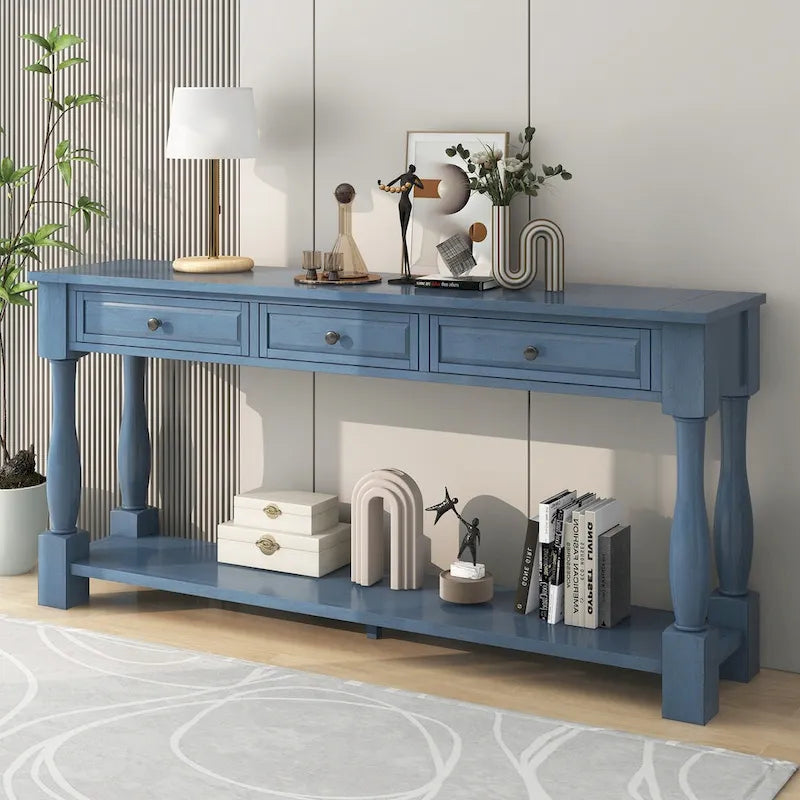 Mesa consola envejecida expreso/azul marino/blanco antiguo con 3 cajones y estante, montaje por 1 persona