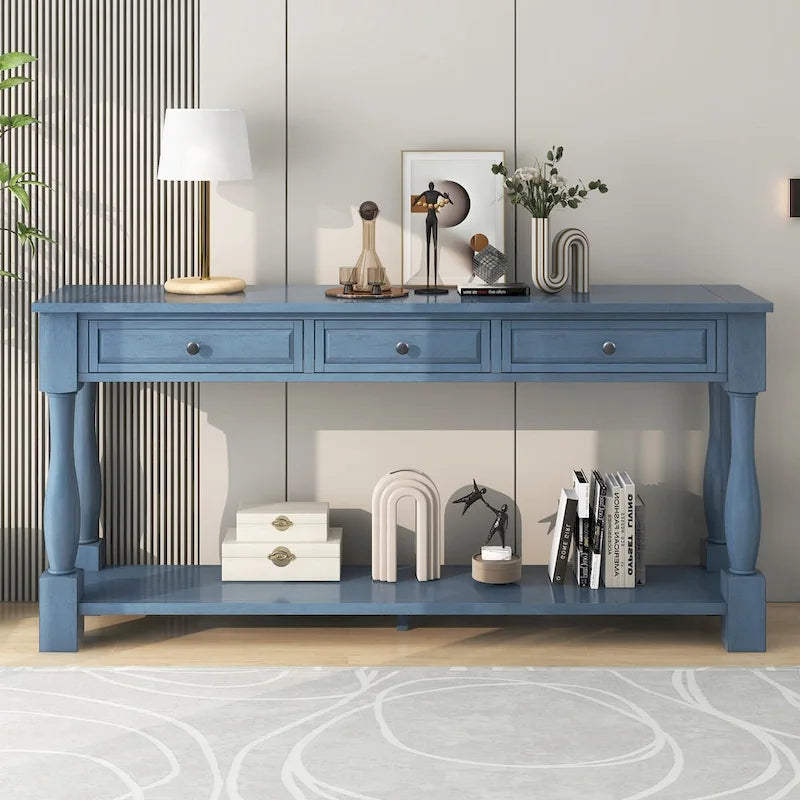 Mesa consola envejecida expreso/azul marino/blanco antiguo con 3 cajones y estante, montaje por 1 persona