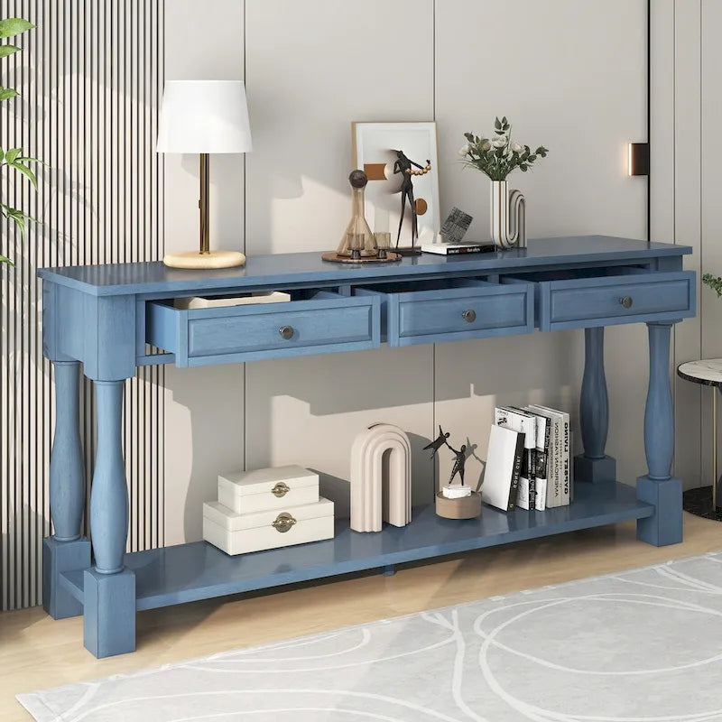 Mesa consola envejecida expreso/azul marino/blanco antiguo con 3 cajones y estante, montaje por 1 persona