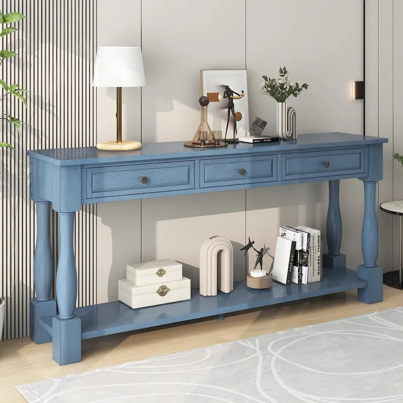 Mesa consola envejecida expreso/azul marino/blanco antiguo con 3 cajones y estante, montaje por 1 persona