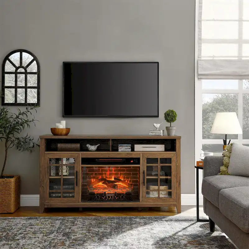 Soporte para TV con chimenea eléctrica de 55" | Madera de granero recuperada / Lavado gris | Se adapta a 1 habitación