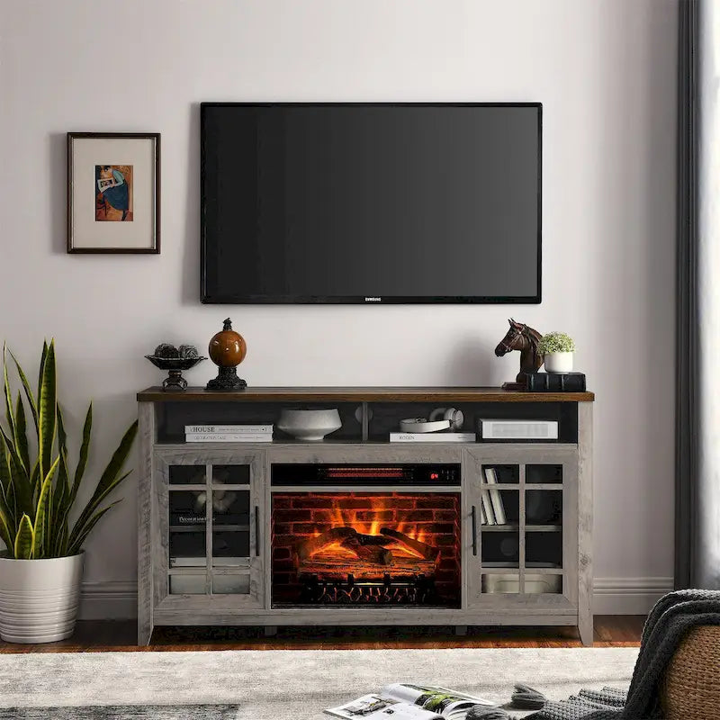 Soporte para TV con chimenea eléctrica de 55" | Madera de granero recuperada / Lavado gris | Se adapta a 1 habitación