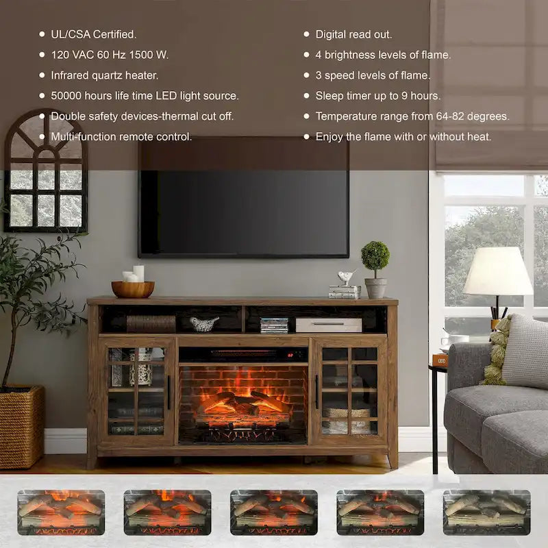 Soporte para TV con chimenea eléctrica de 55" | Madera de granero recuperada / Lavado gris | Se adapta a 1 habitación