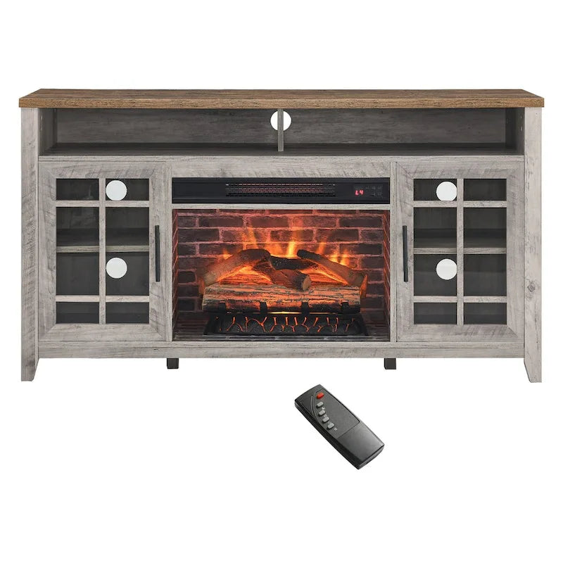 Soporte para TV con chimenea eléctrica de 55" | Madera de granero recuperada / Lavado gris | Se adapta a 1 habitación