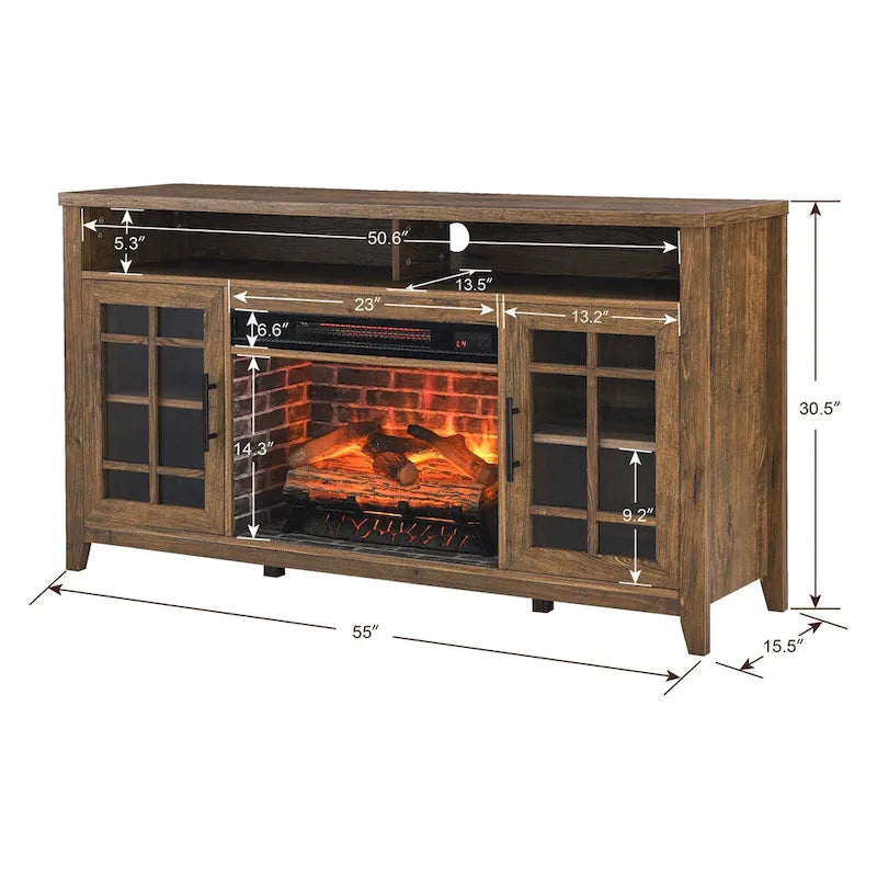 Soporte para TV con chimenea eléctrica de 55" | Madera de granero recuperada / Lavado gris | Se adapta a 1 habitación