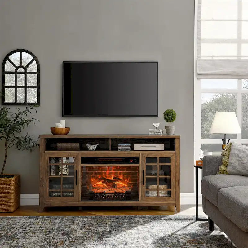 Soporte para TV con chimenea eléctrica de 55" | Madera de granero recuperada / Lavado gris | Se adapta a 1 habitación