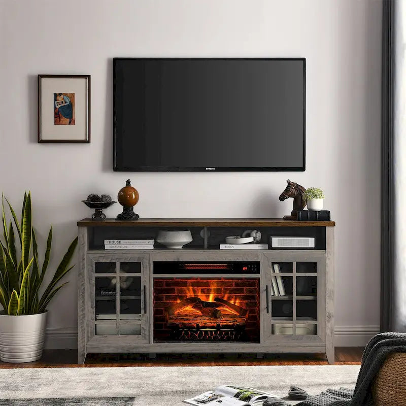 Soporte para TV con chimenea eléctrica de 55" | Madera de granero recuperada / Lavado gris | Se adapta a 1 habitación