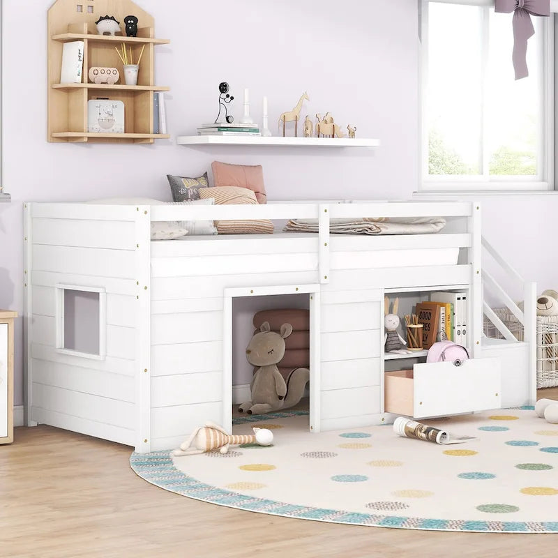 White Low Loft Bed with Drawers & Stairway