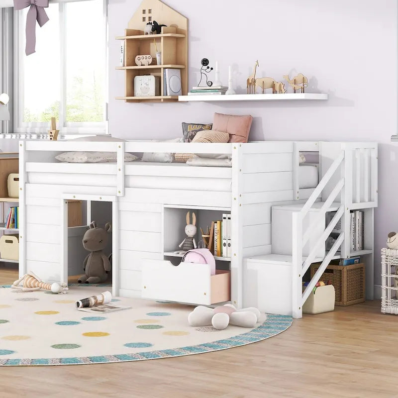 Cama tipo loft baja doble blanca con cajón y escalera, 1 niño
