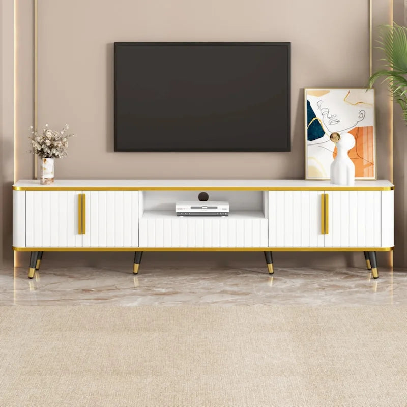 Mueble de TV Moderno Blanco+Dorado y Dorado+Negro con Armarios y Cajón, para TV de hasta 85"
