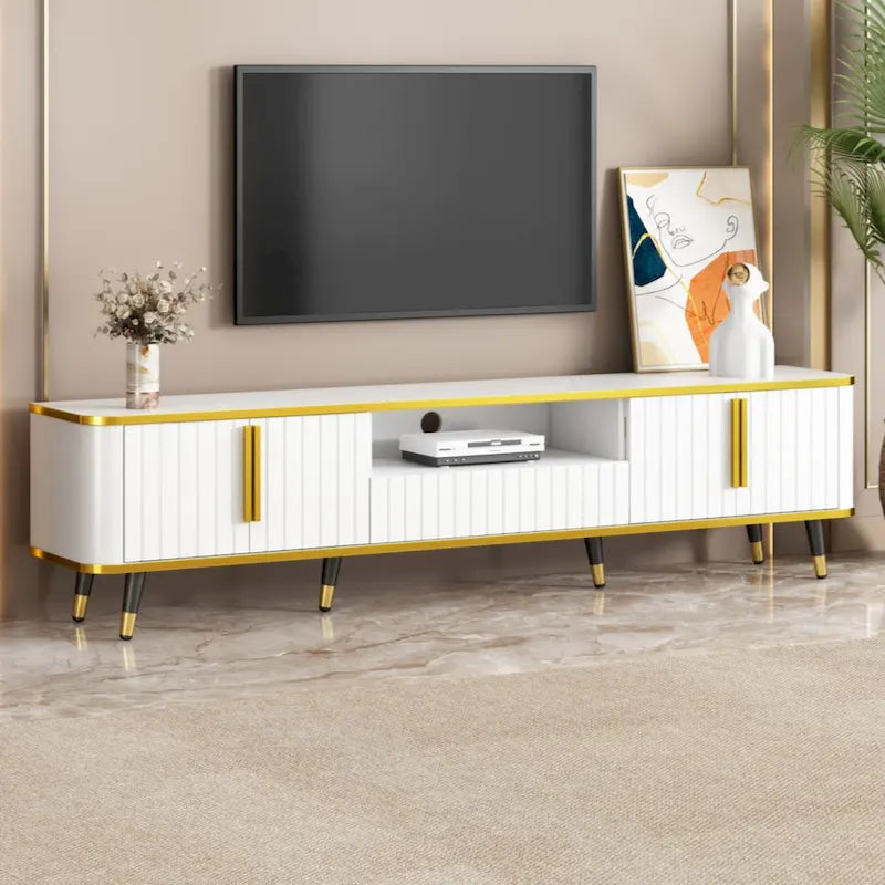 Mueble de TV Moderno Blanco+Dorado y Dorado+Negro con Armarios y Cajón, para TV de hasta 85"