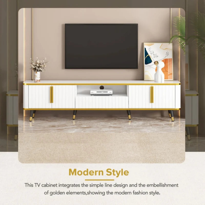 Mueble de TV Moderno Blanco+Dorado y Dorado+Negro con Armarios y Cajón, para TV de hasta 85"