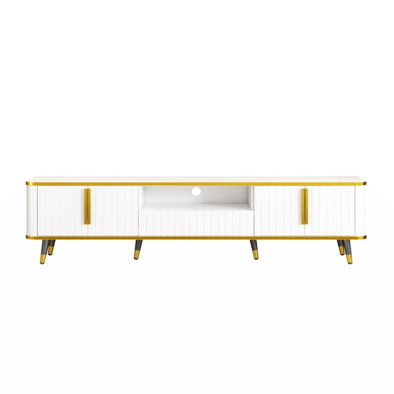 Mueble de TV Moderno Blanco+Dorado y Dorado+Negro con Armarios y Cajón, para TV de hasta 85"