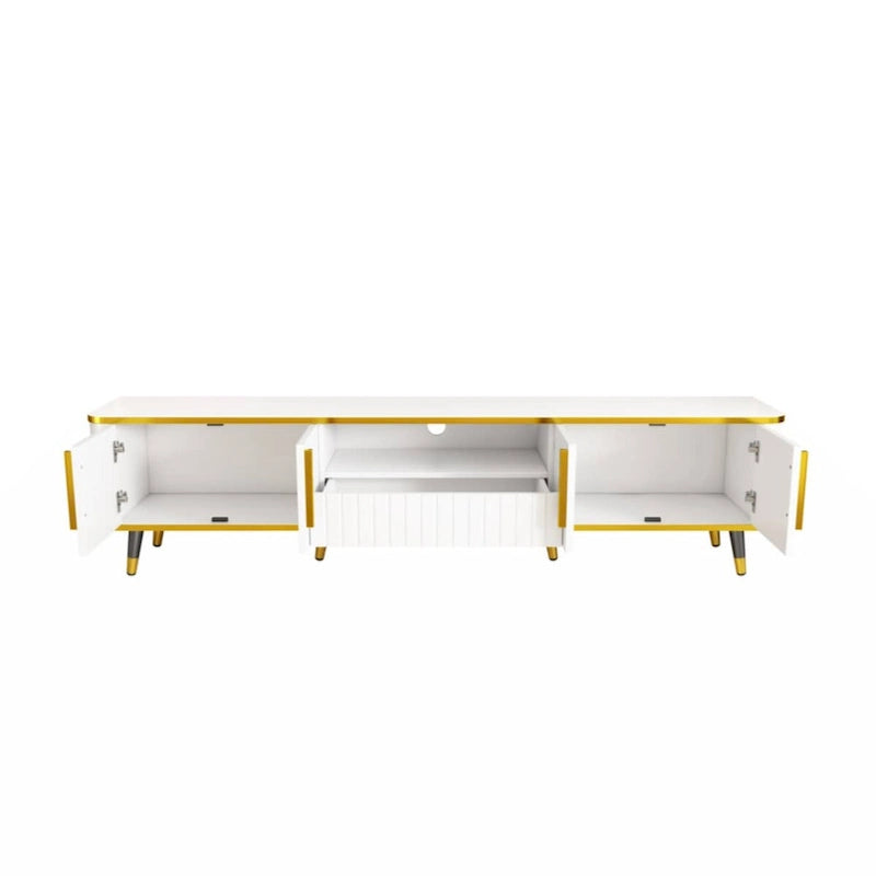 Mueble de TV Moderno Blanco+Dorado y Dorado+Negro con Armarios y Cajón, para TV de hasta 85"