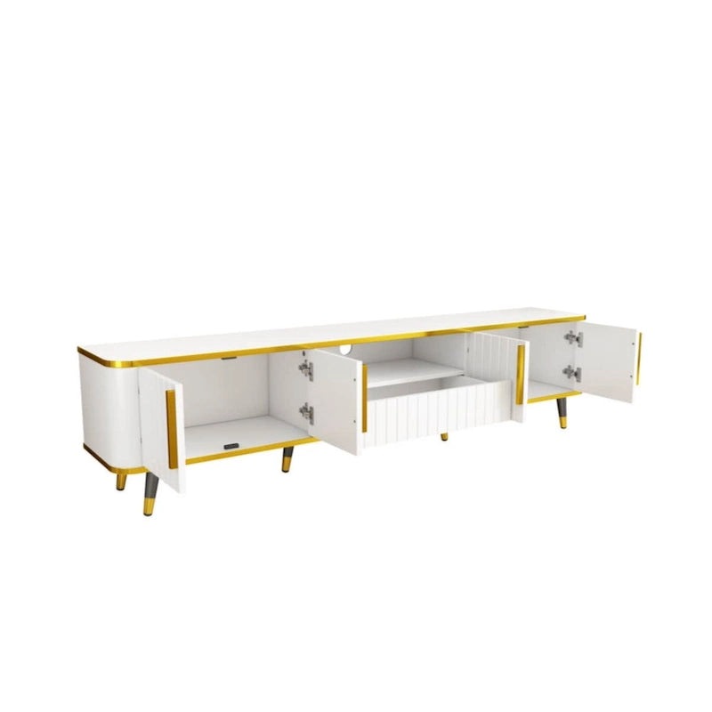 Mueble de TV Moderno Blanco+Dorado y Dorado+Negro con Armarios y Cajón, para TV de hasta 85"