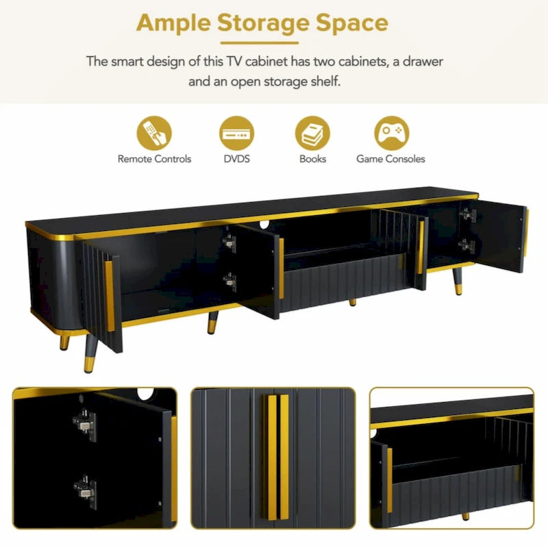 Mueble de TV Moderno Blanco+Dorado y Dorado+Negro con Armarios y Cajón, para TV de hasta 85"