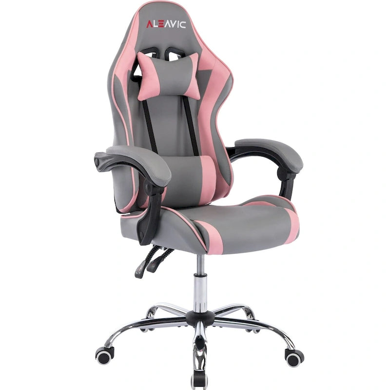 Silla de juegos de cuero PU estilo de carreras – Altura ajustable, un solo asiento (naranja / gris / rosa / azul / negro / transparente / morado)