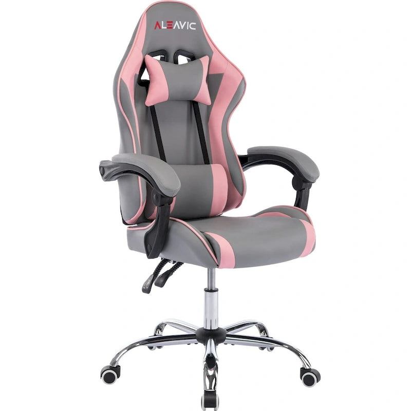 Silla de juegos de cuero PU estilo de carreras – Altura ajustable, un solo asiento (naranja / gris / rosa / azul / negro / transparente / morado)