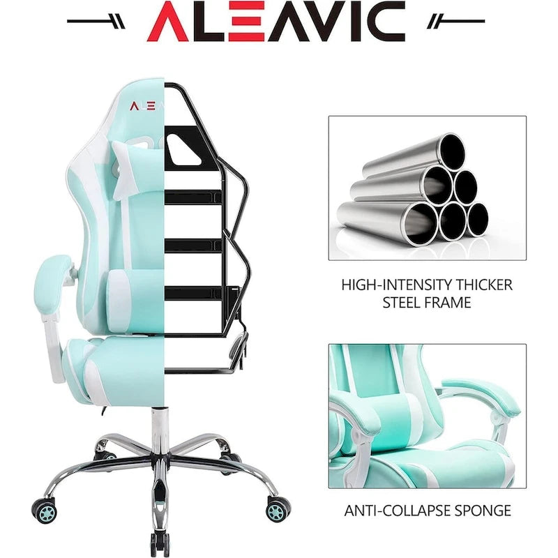 Silla de juegos de cuero PU estilo de carreras – Altura ajustable, un solo asiento (naranja / gris / rosa / azul / negro / transparente / morado)