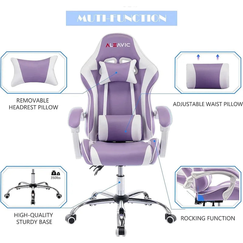 Silla de juegos de cuero PU estilo de carreras – Altura ajustable, un solo asiento (naranja / gris / rosa / azul / negro / transparente / morado)
