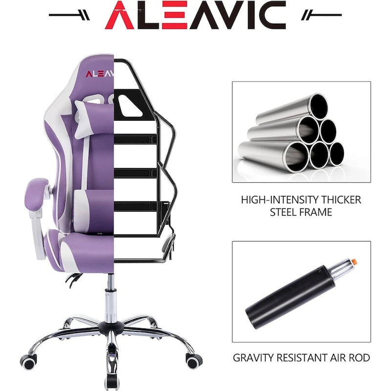 Silla de juegos de cuero PU estilo de carreras – Altura ajustable, un solo asiento (naranja / gris / rosa / azul / negro / transparente / morado)