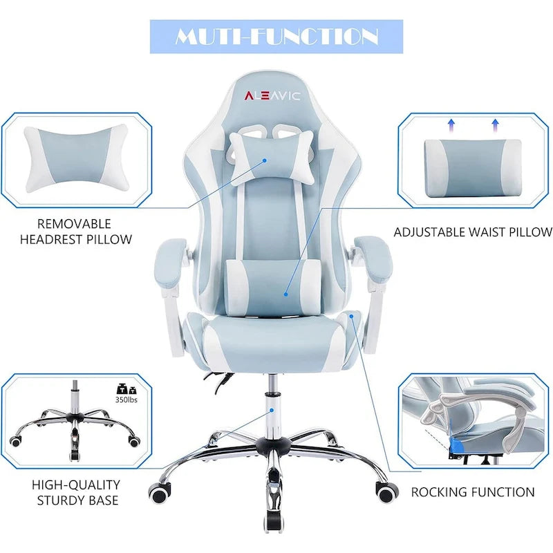 Silla de juegos de cuero PU estilo de carreras – Altura ajustable, un solo asiento (naranja / gris / rosa / azul / negro / transparente / morado)
