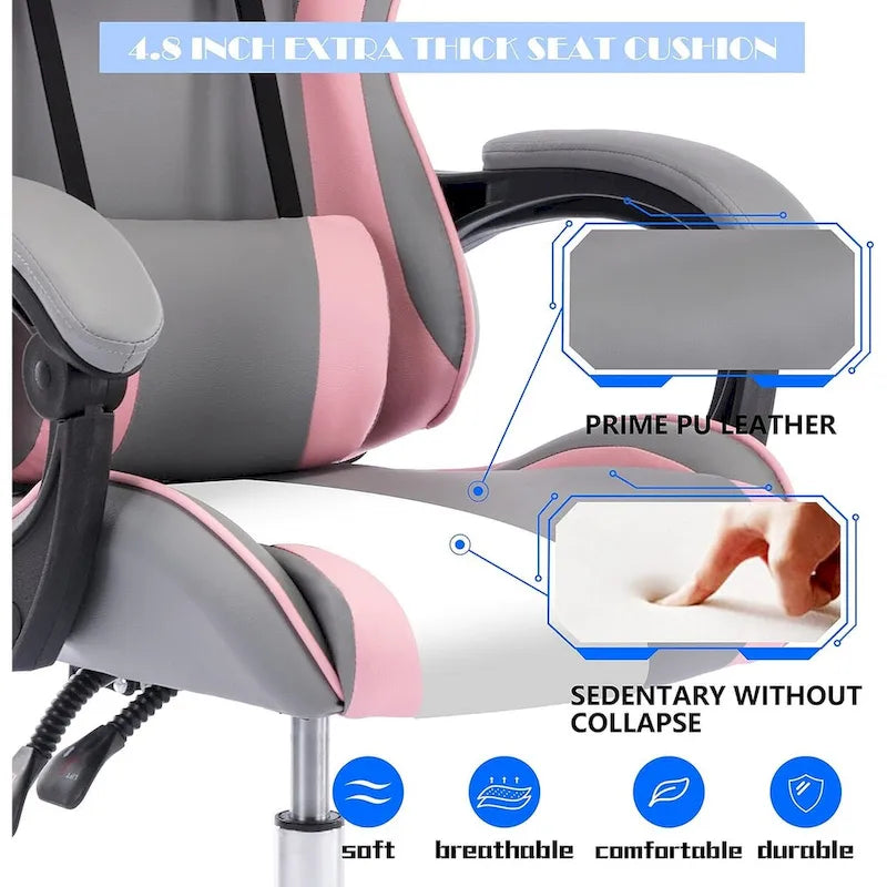 Silla de juegos de cuero PU estilo de carreras – Altura ajustable, un solo asiento (naranja / gris / rosa / azul / negro / transparente / morado)