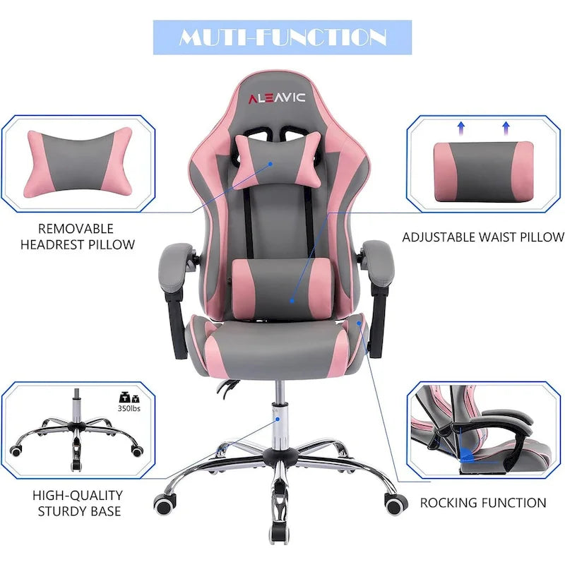 Silla de juegos de cuero PU estilo de carreras – Altura ajustable, un solo asiento (naranja / gris / rosa / azul / negro / transparente / morado)