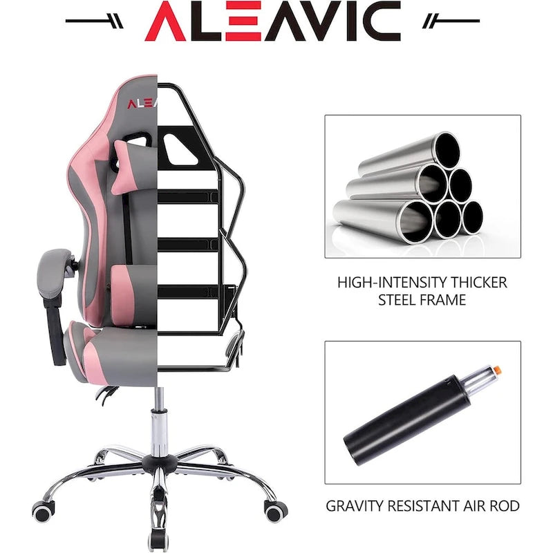 Silla de juegos de cuero PU estilo de carreras – Altura ajustable, un solo asiento (naranja / gris / rosa / azul / negro / transparente / morado)
