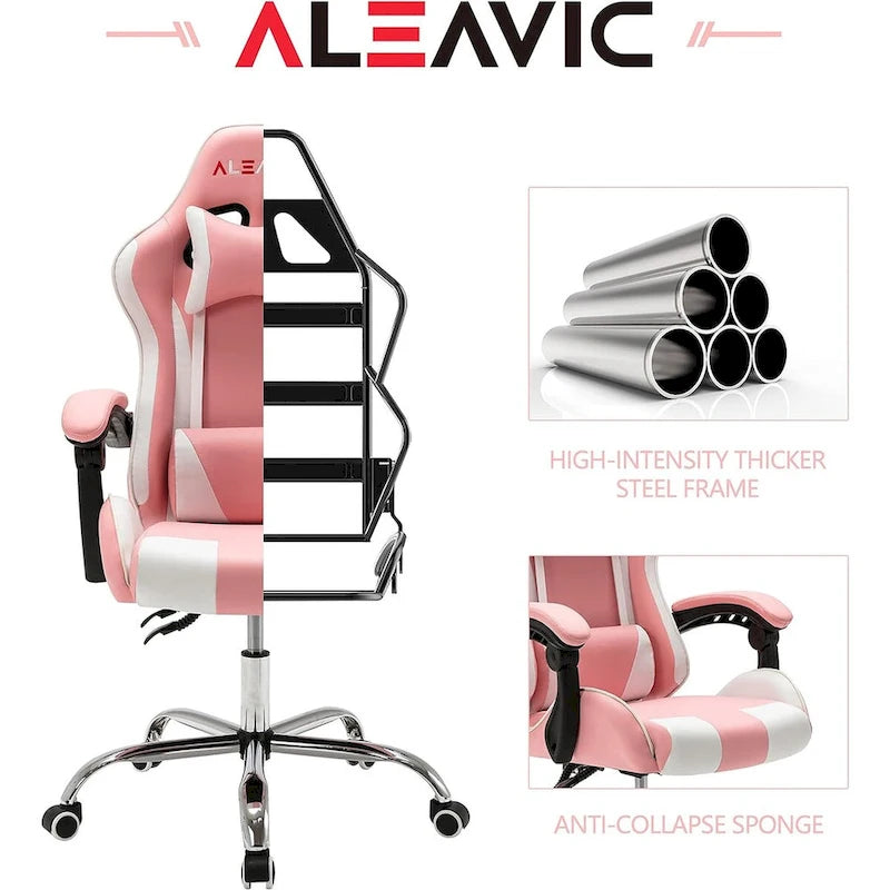 Silla de juegos de cuero PU estilo de carreras – Altura ajustable, un solo asiento (naranja / gris / rosa / azul / negro / transparente / morado)