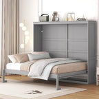 Cama Murphy de pared blanca/gris, estilo gabinete plegable, tamaño matrimonial/queen, capacidad para 1 persona