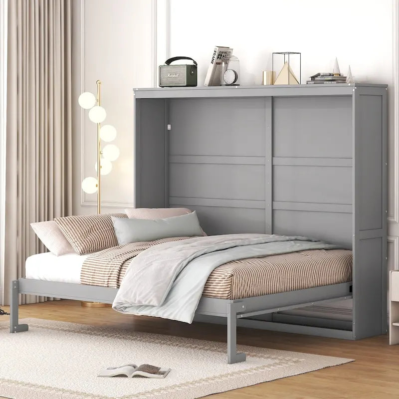 Cama Murphy de pared blanca/gris, estilo gabinete plegable, tamaño matrimonial/queen, capacidad para 1 persona
