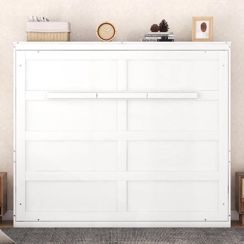 Cama Murphy de pared blanca/gris, estilo gabinete plegable, tamaño matrimonial/queen, capacidad para 1 persona