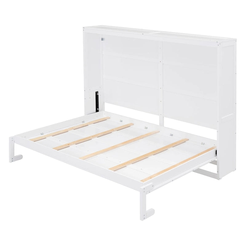 Cama Murphy de pared blanca/gris, estilo gabinete plegable, tamaño matrimonial/queen, capacidad para 1 persona