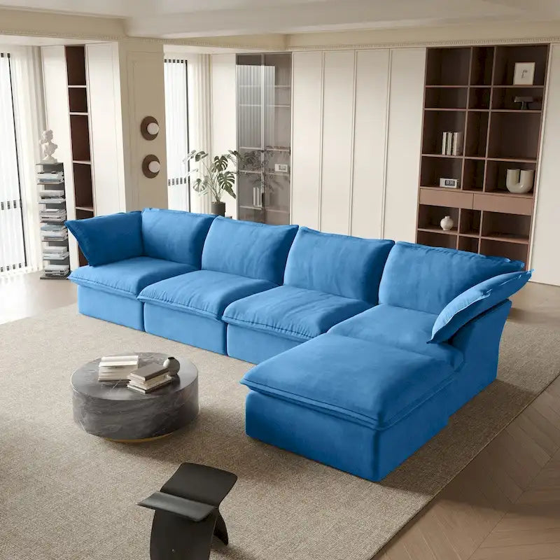 Sofá seccional en L de terciopelo naranja/rojo/verde/azul con otomana, 4 plazas