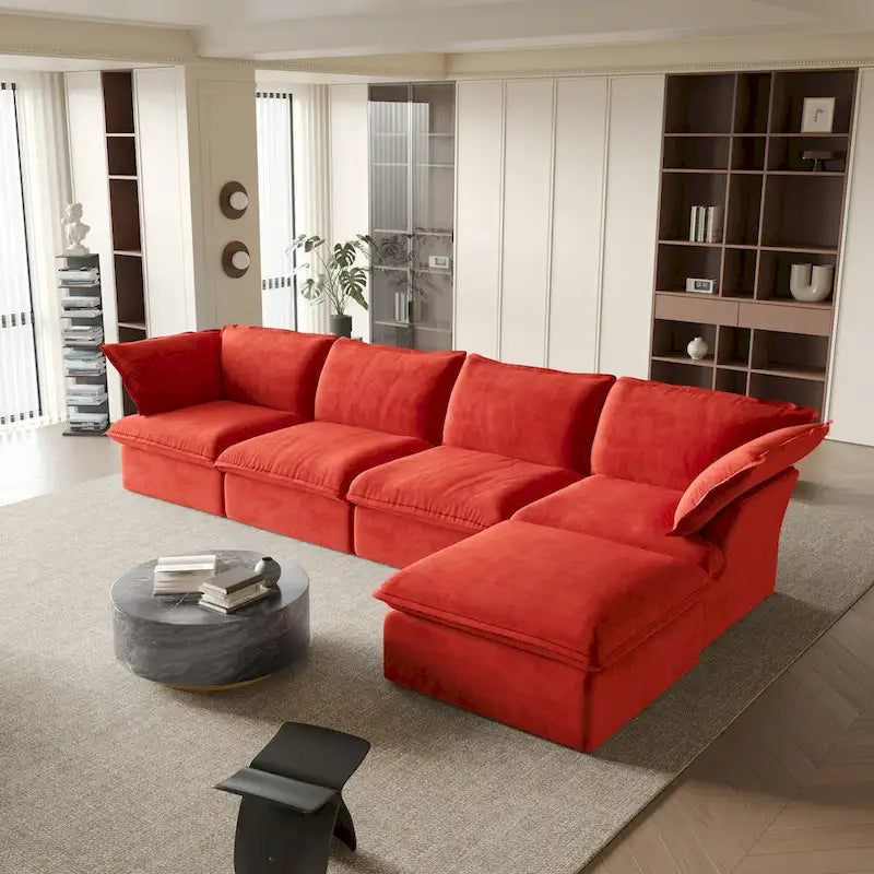 Sofá seccional en L de terciopelo naranja/rojo/verde/azul con otomana, 4 plazas