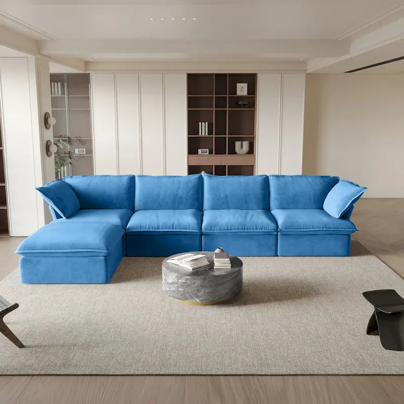 Sofá seccional en L de terciopelo naranja/rojo/verde/azul con otomana, 4 plazas