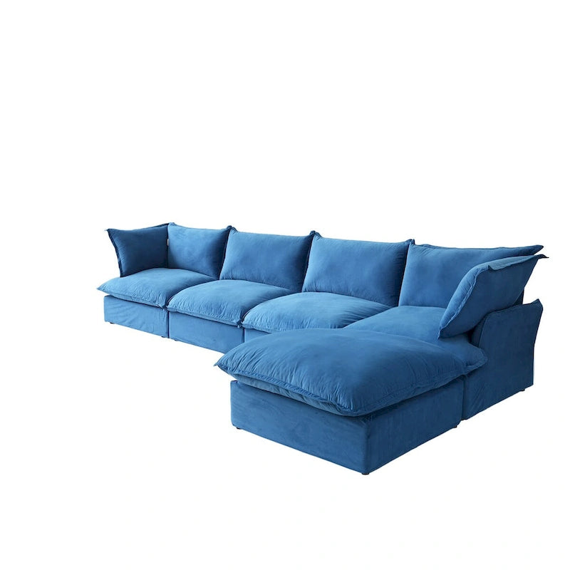Sofá seccional en L de terciopelo naranja/rojo/verde/azul con otomana, 4 plazas
