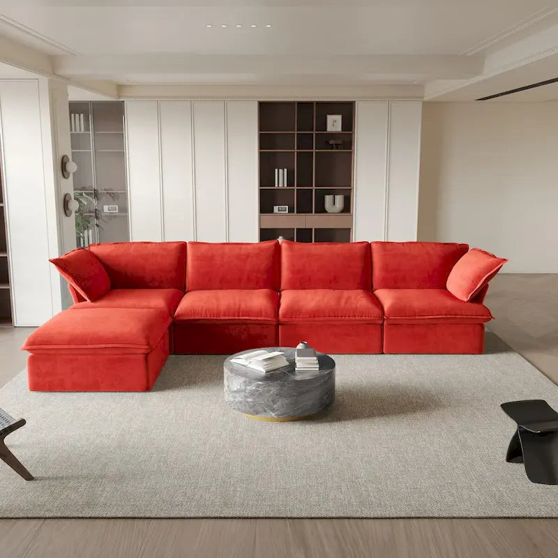 Sofá seccional en L de terciopelo naranja/rojo/verde/azul con otomana, 4 plazas