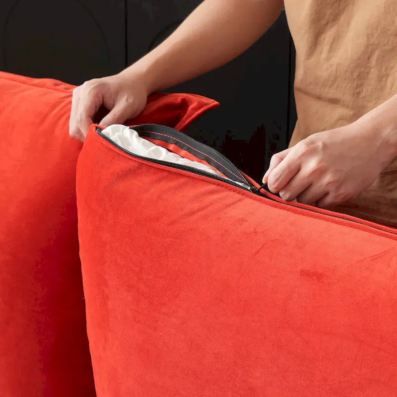 Sofá seccional en L de terciopelo naranja/rojo/verde/azul con otomana, 4 plazas