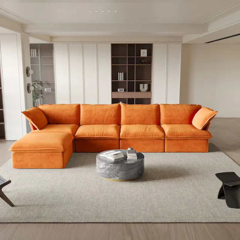 Sofá seccional en L de terciopelo naranja/rojo/verde/azul con otomana, 4 plazas