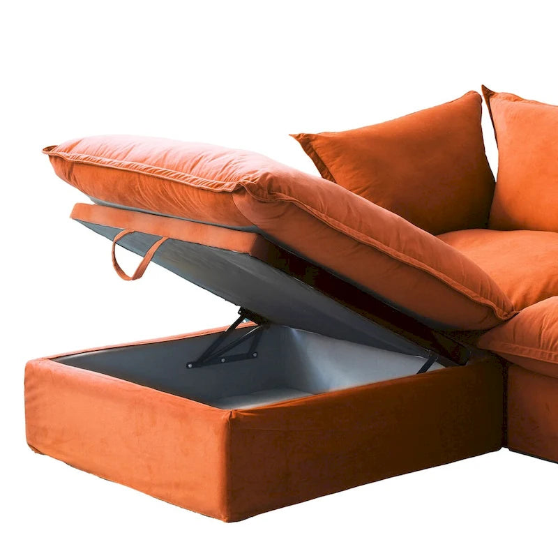 Sofá seccional en L de terciopelo naranja/rojo/verde/azul con otomana, 4 plazas