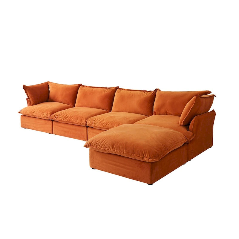 Sofá seccional en L de terciopelo naranja/rojo/verde/azul con otomana, 4 plazas