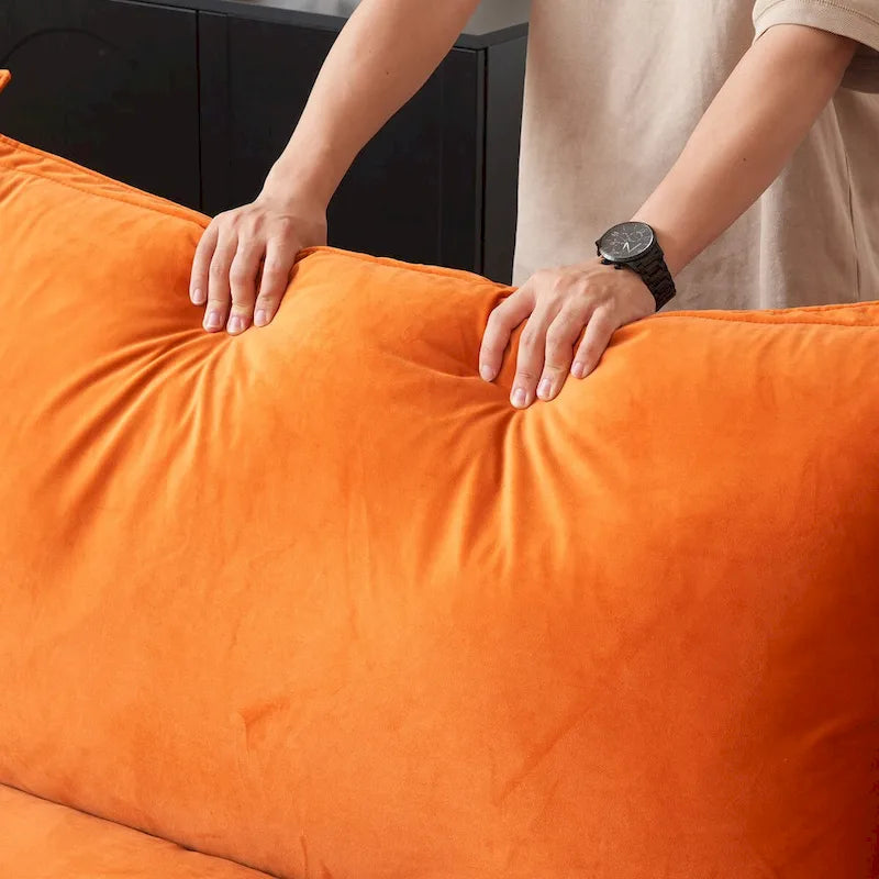 Sofá seccional en L de terciopelo naranja/rojo/verde/azul con otomana, 4 plazas