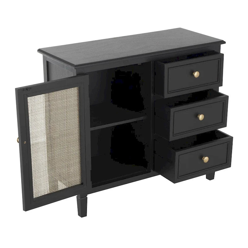 Armario de ratán negro con puerta, 3 cajones + 1 puerta, montaje para 1 persona